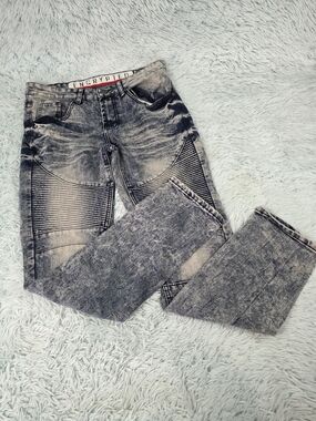 Encrypted NYC Men's Moto Biker Jeans Acid Wash Black Slim‎ Straight 30x32